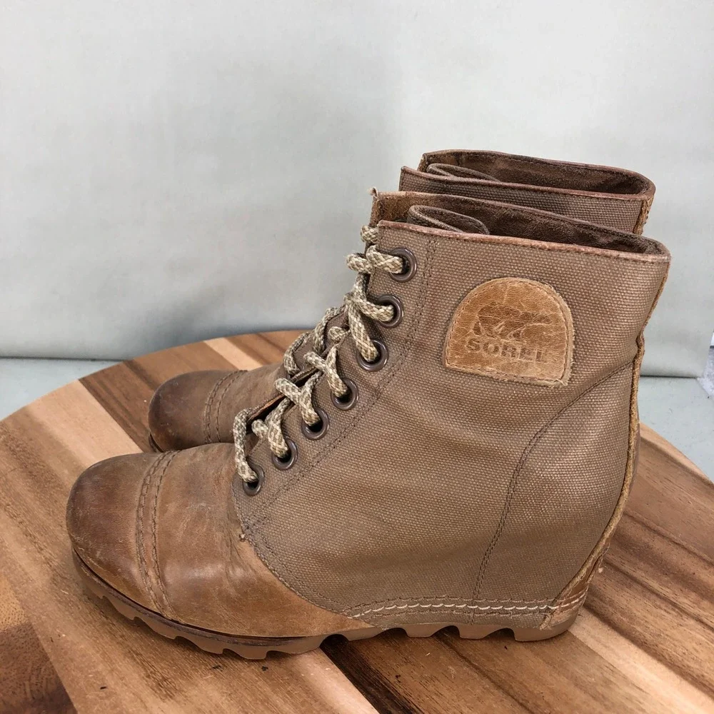 Sorel PDX Womens Wedge Ankle Boots Tan Leather Lace Up Casual Size 8